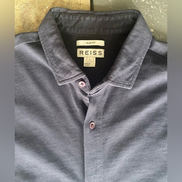 Reiss Cotton Shirt Stretch Terry Fabric Blue Large Slim Fit - Picture 2 of 10